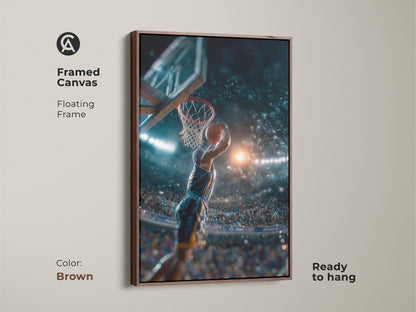 A basketball player dunks in this captivating sports art print. Framed in a brown floating frame it adds warmth to any room. The artwork captures the intensity of the game. A slam dunk for sports fans and art collectors alike. Elevate your space with this dynamic piece.