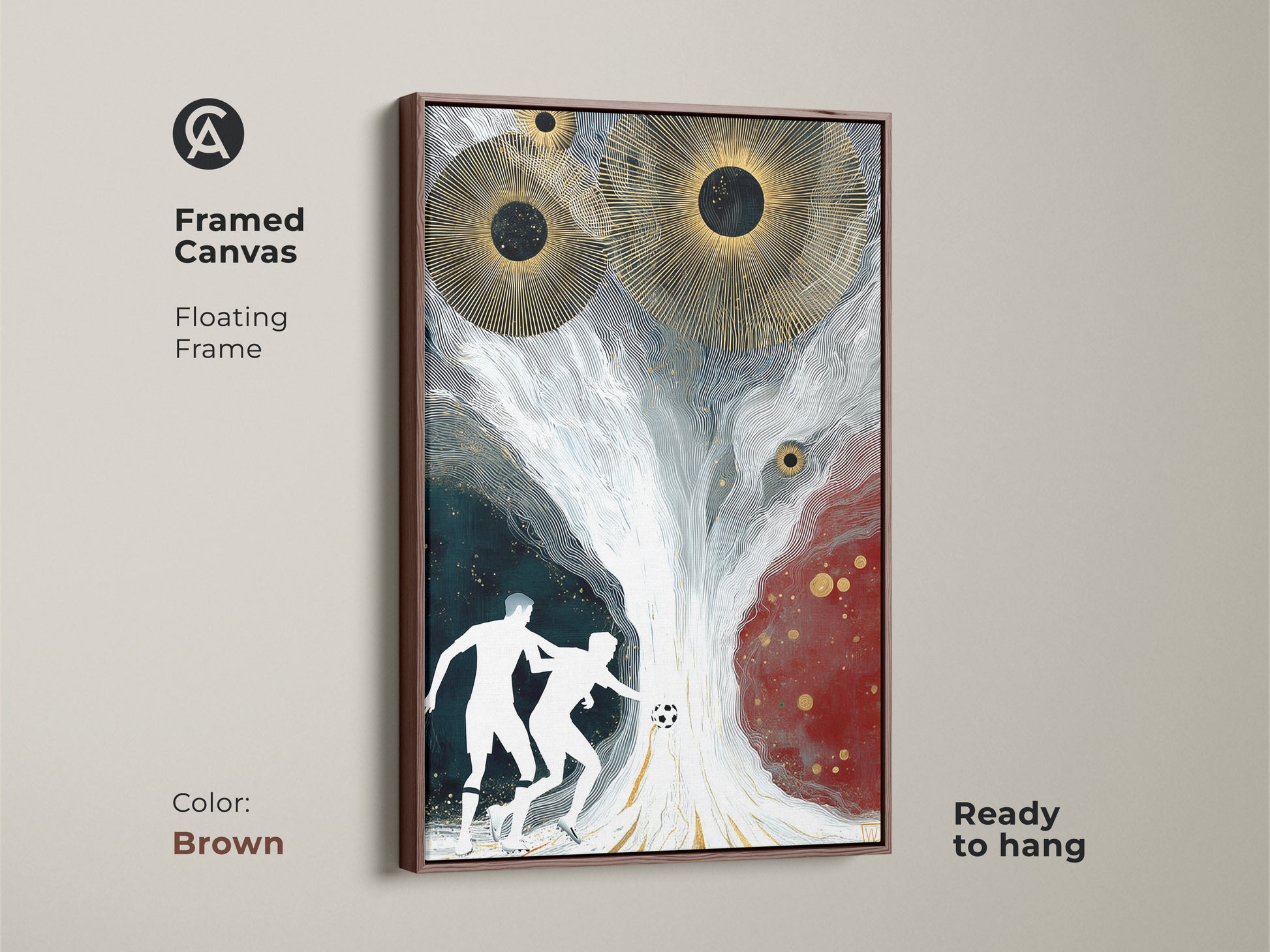 Framed abstract soccer wall art on canvas with a brown floating frame. This sports artwork features a modern gold sunburst design. It is ideal for a living room or home office. This piece blends white dark green and red tones making a great birthday gift for any athlete.