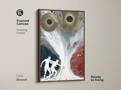 Framed abstract soccer wall art on canvas with a brown floating frame. This sports artwork features a modern gold sunburst design. It is ideal for a living room or home office. This piece blends white dark green and red tones making a great birthday gift for any athlete.