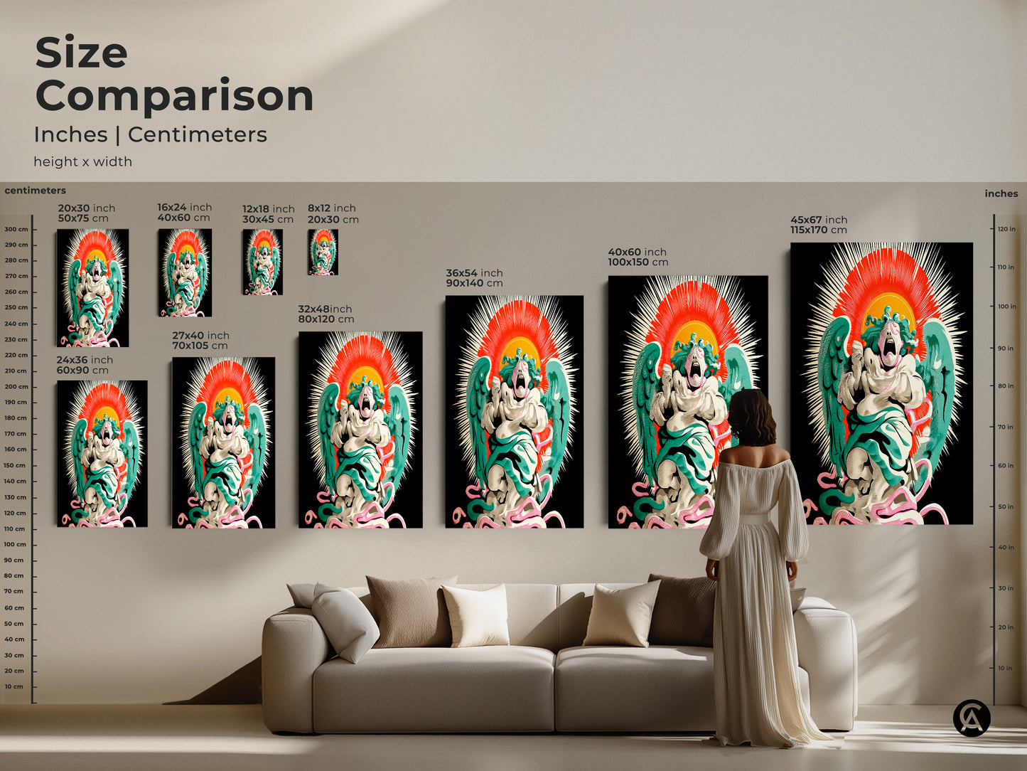 Download our screaming angel canvas art. This surreal pop surrealism artwork. Perfect for your study office or home. The red orange and teal hues. Gothic and eclectic decor. A unique piece for art lovers.