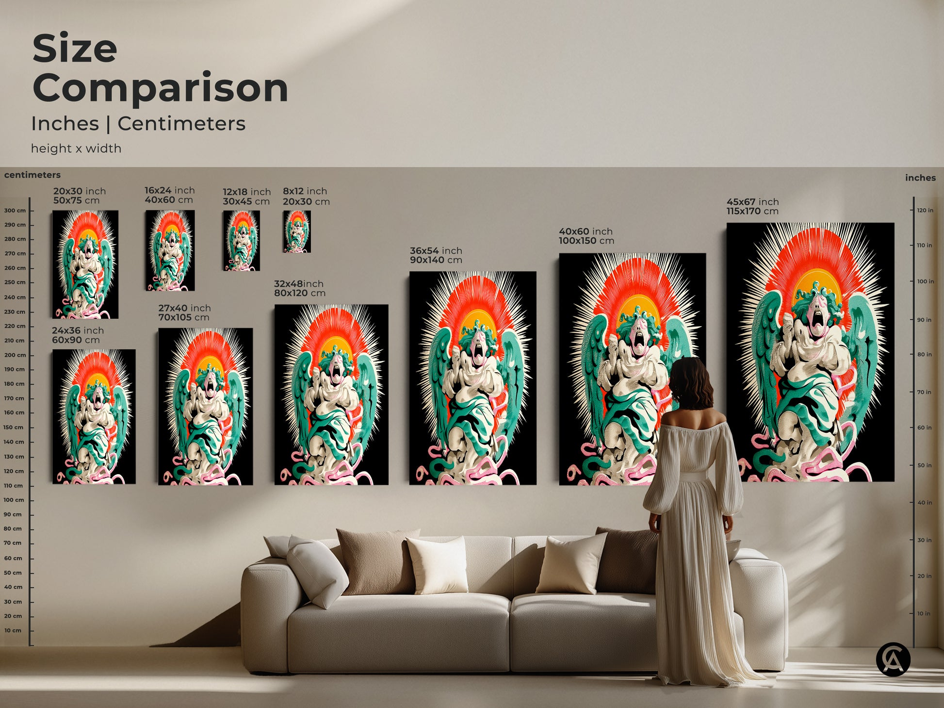 Download our screaming angel canvas art. This surreal pop surrealism artwork. Perfect for your study office or home. The red orange and teal hues. Gothic and eclectic decor. A unique piece for art lovers.