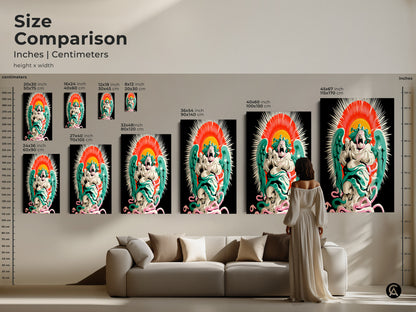 Download our screaming angel canvas art. This surreal pop surrealism artwork. Perfect for your study office or home. The red orange and teal hues. Gothic and eclectic decor. A unique piece for art lovers.