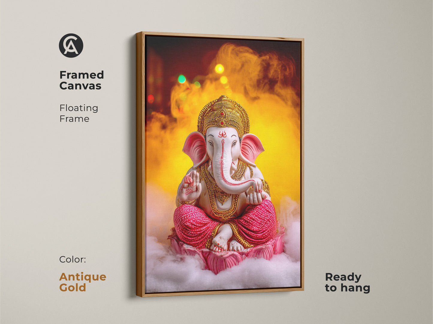 Framed canvas featuring the Pink Gold Ganesha artwork with an antique gold floating frame. This spiritual lotus wall decor is ready to hang. It brings Hindu mythology to life with a touch of elegance. This eclectic wall art enhances meditation room decor. Ganesha artwork is a perfect housewarming present.