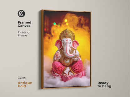 Framed canvas featuring the Pink Gold Ganesha artwork with an antique gold floating frame. This spiritual lotus wall decor is ready to hang. It brings Hindu mythology to life with a touch of elegance. This eclectic wall art enhances meditation room decor. Ganesha artwork is a perfect housewarming present.