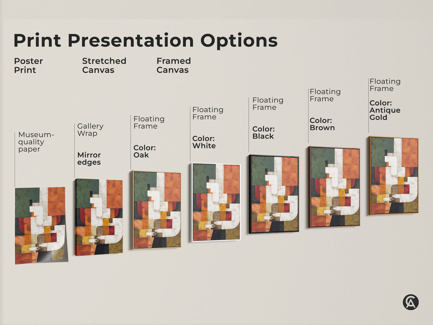 Explore Print Presentation Options for Bauhaus Abstract Canvas Art. Choose from poster prints stretched canvas or framed canvas. Various floating frame colors are available. Museum-quality paper and gallery wrap options ensure premium quality.