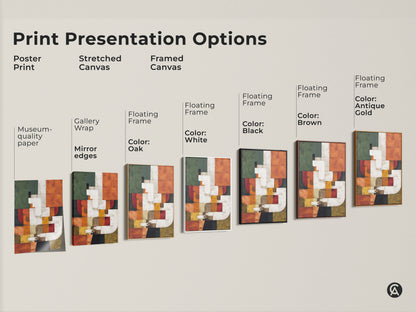 Explore Print Presentation Options for Bauhaus Abstract Canvas Art. Choose from poster prints stretched canvas or framed canvas. Various floating frame colors are available. Museum-quality paper and gallery wrap options ensure premium quality.