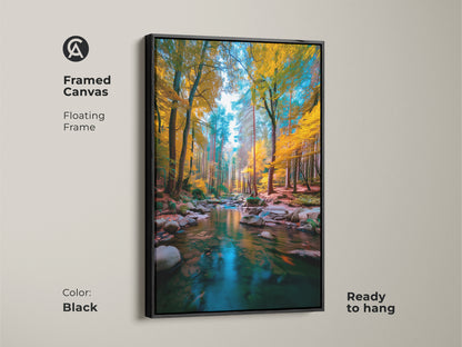 Enhance your living space with this framed canvas art. The floating frame adds a touch of sophistication to the forest stream artwork. Ready to hang this piece brings the outdoors in. The black frame complements the vibrant colors of the forest.