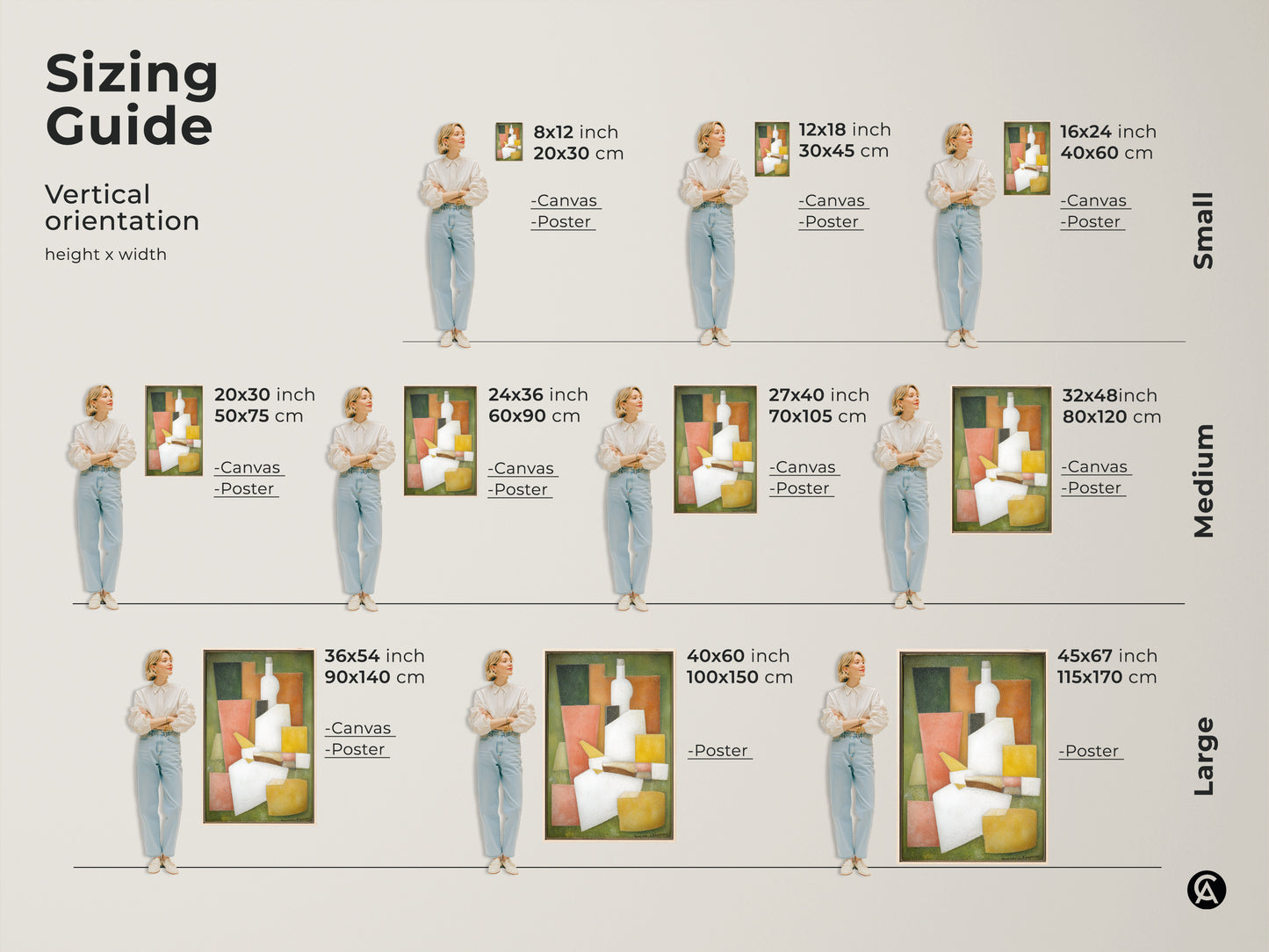 Sizing guide for the vertical modern cubist still life art print. Available in small medium and large sizes. Choose the perfect dimensions for your space. Art is available as canvas or poster. A great way to elevate your home decor.