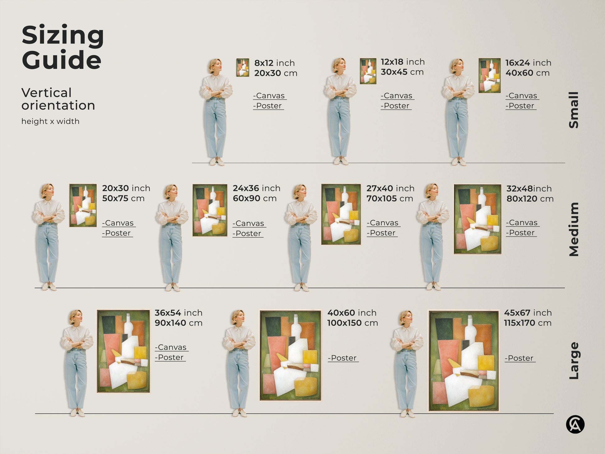 Sizing guide for the vertical modern cubist still life art print. Available in small medium and large sizes. Choose the perfect dimensions for your space. Art is available as canvas or poster. A great way to elevate your home decor.