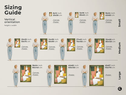 Sizing guide for the vertical modern cubist still life art print. Available in small medium and large sizes. Choose the perfect dimensions for your space. Art is available as canvas or poster. A great way to elevate your home decor.