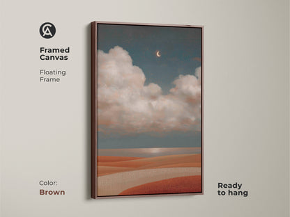 Bohemian bedroom wall art featuring a cosmic moon art print. The canvas shows an abstract landscape print with serene sky wall decor. Teal and terracotta painting create an ethereal night scene.