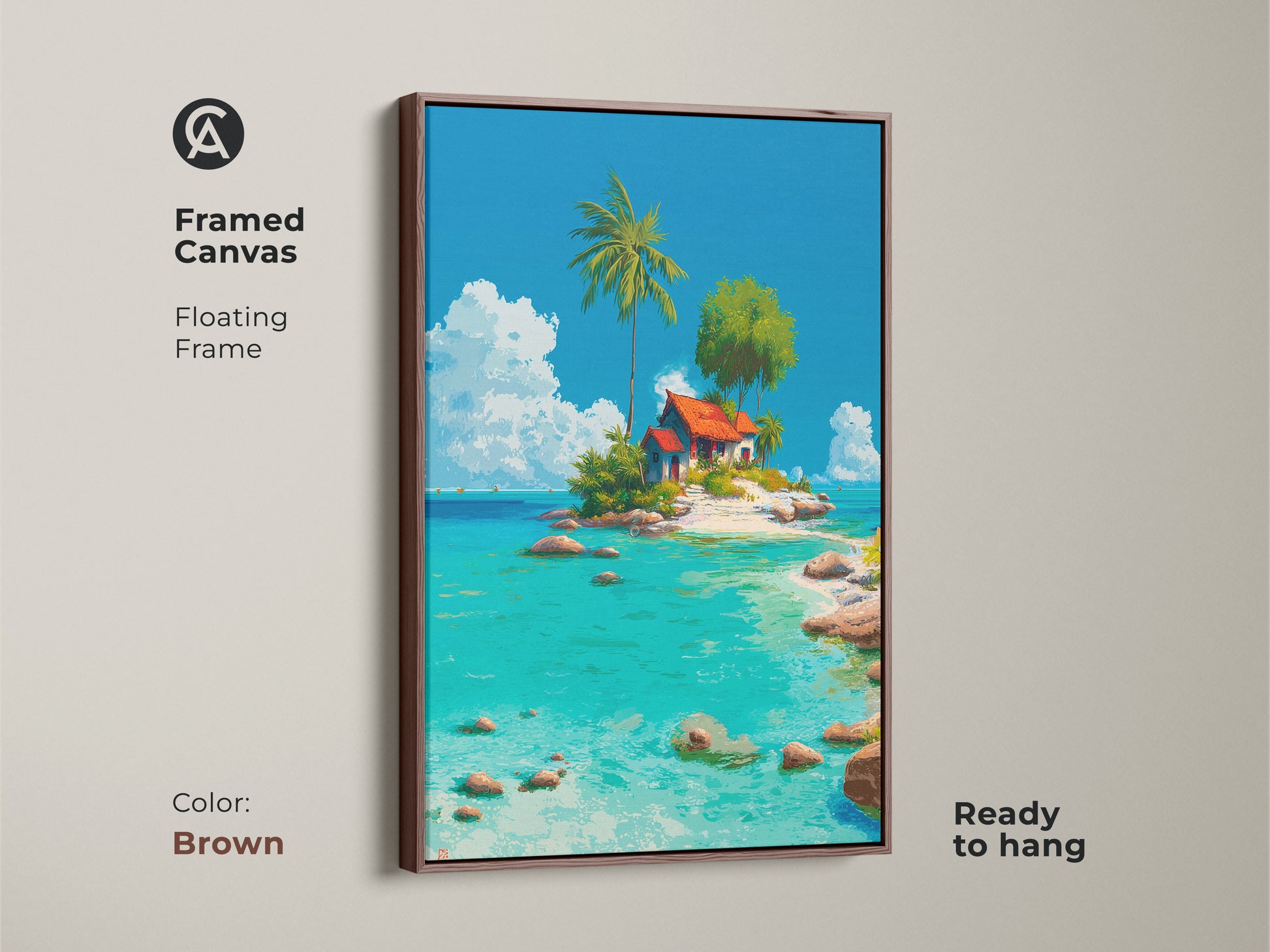 Framed canvas artwork with a brown floating frame displaying a tropical island with a charming house palm tree and clear turquoise sea. Ready to hang this piece brings a serene beach atmosphere to your home. The brown frame complements the tropical theme.