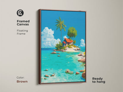 Framed canvas artwork with a brown floating frame displaying a tropical island with a charming house palm tree and clear turquoise sea. Ready to hang this piece brings a serene beach atmosphere to your home. The brown frame complements the tropical theme.