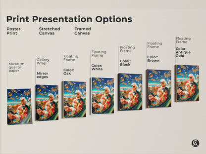 This image shows print presentation options. You can choose a poster print stretched canvas or framed canvas. Floating frame options include black brown antique gold and white. Find the perfect artwork for your home.