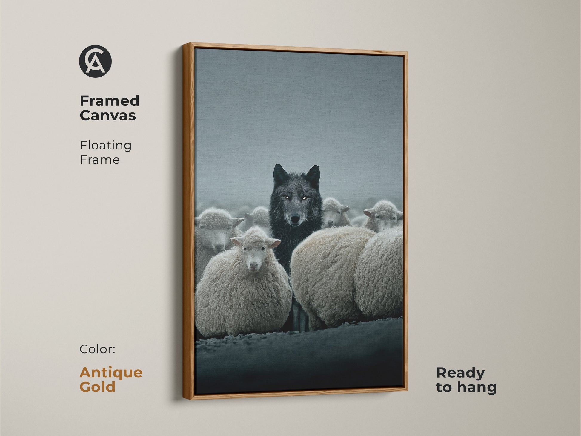 Antique gold framed canvas art. This print features a charcoal wolf and sheep. Add a touch of dark academia to your study or office with this eclectic wall decor.
