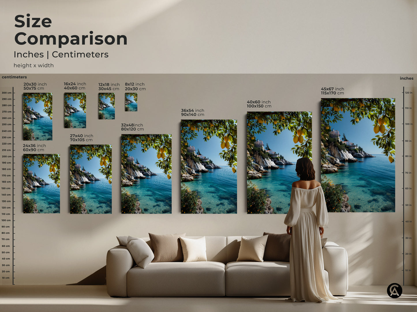 Size comparison of Mediterranean villa canvas art. Various sizes are displayed above a sofa. The artwork features lemon trees turquoise ocean and coastal artwork. Perfect for any room.