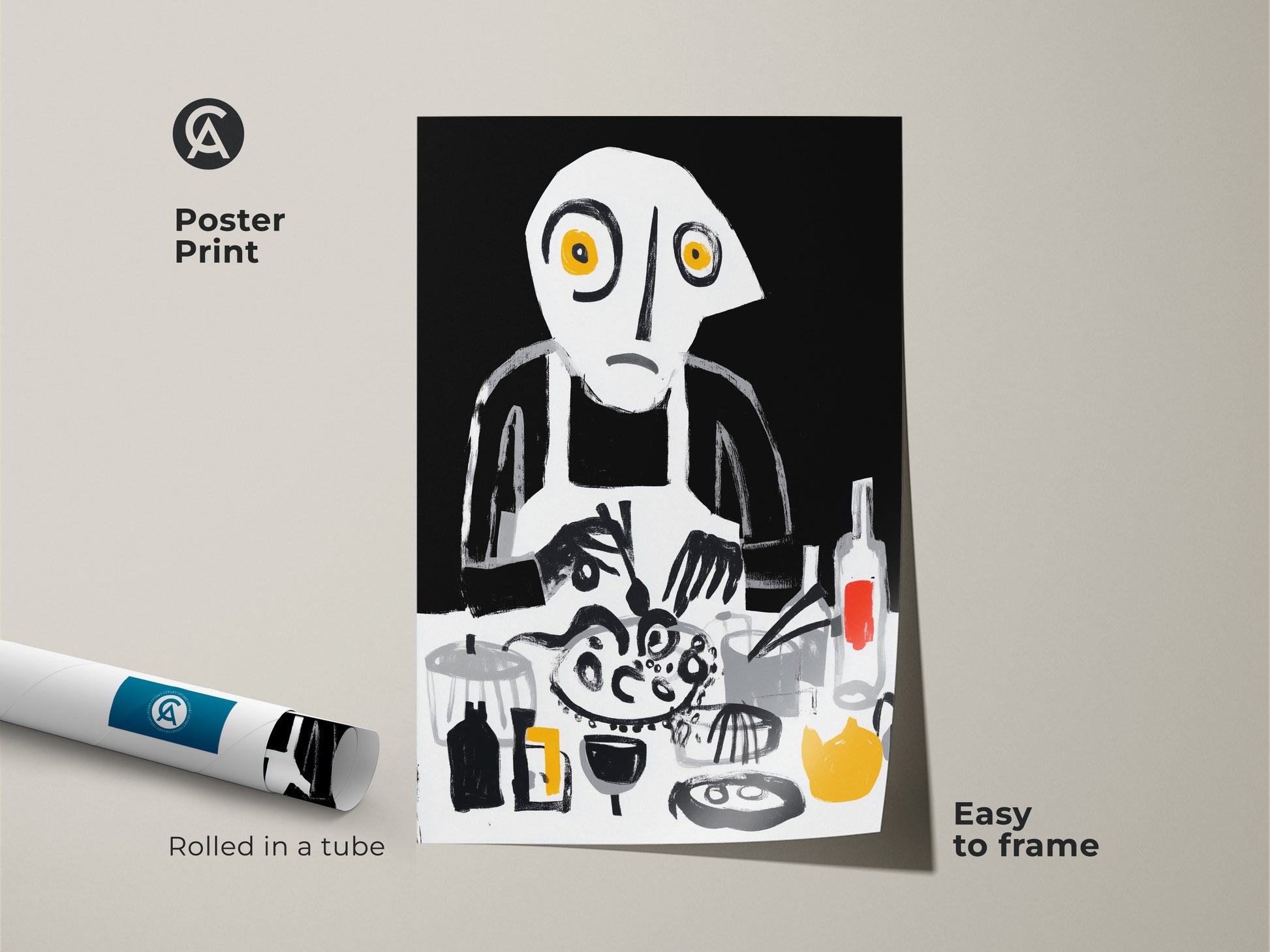 This abstract cooking art print comes rolled in a tube easy to frame. Featuring surreal chef wall art a modern kitchen decor piece. Black white and yellow art creates a bold statement. This unique foodie gift is a creative kitchen artwork.