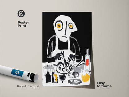 This abstract cooking art print comes rolled in a tube easy to frame. Featuring surreal chef wall art a modern kitchen decor piece. Black white and yellow art creates a bold statement. This unique foodie gift is a creative kitchen artwork.