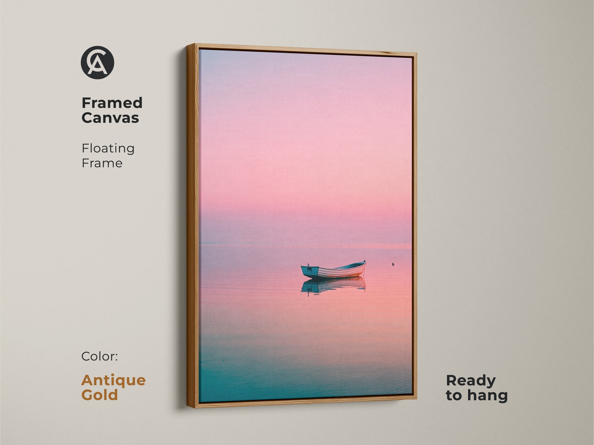 Framed canvas art featuring a boat on calm water. The floating frame is antique gold. This coastal artwork is ready to hang. A peaceful and serene fine art print for your home.