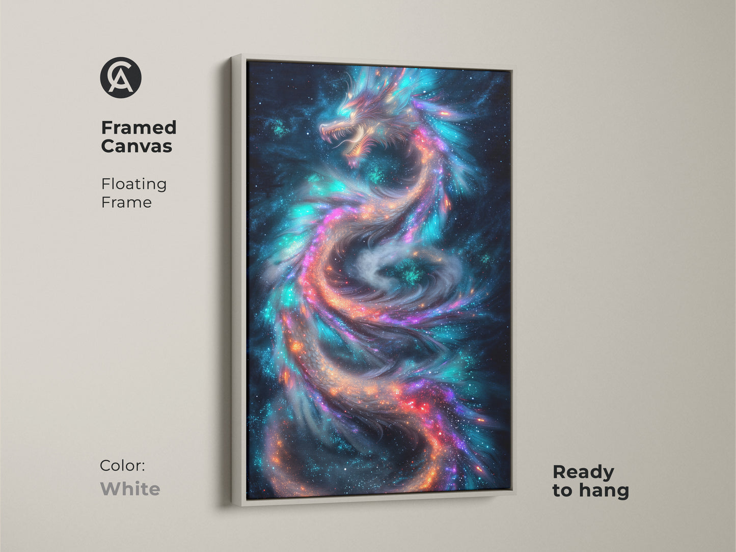 Framed canvas of a cosmic dragon with a floating white frame. This fantasy art features celestial mythology. The colors are a blend of blue purple and teal. This wall decor is ready to hang. Perfect gift for fantasy fans.