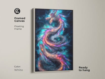 Framed canvas of a cosmic dragon with a floating white frame. This fantasy art features celestial mythology. The colors are a blend of blue purple and teal. This wall decor is ready to hang. Perfect gift for fantasy fans.