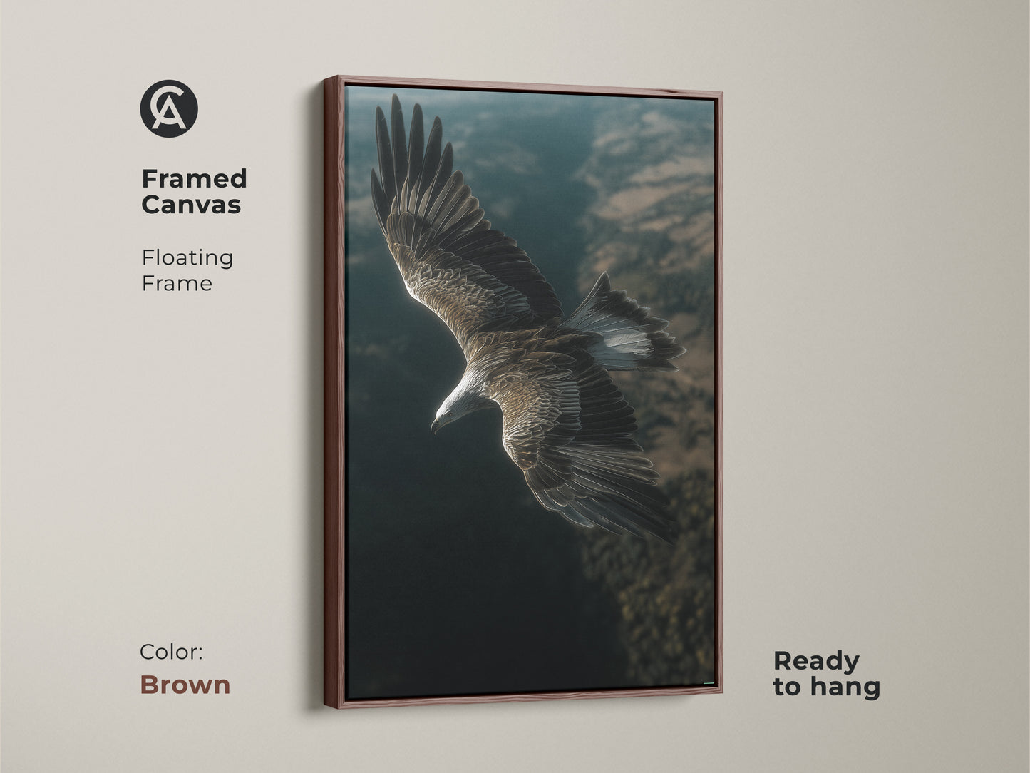 Framed canvas artwork of an eagle in flight. Brown floating frame complements the artwork. Ready to hang and enjoy. This realistic bird of prey print is majestic wildlife wall decor. It's a great animal portrait print.