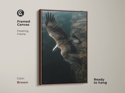 Framed canvas artwork of an eagle in flight. Brown floating frame complements the artwork. Ready to hang and enjoy. This realistic bird of prey print is majestic wildlife wall decor. It's a great animal portrait print.