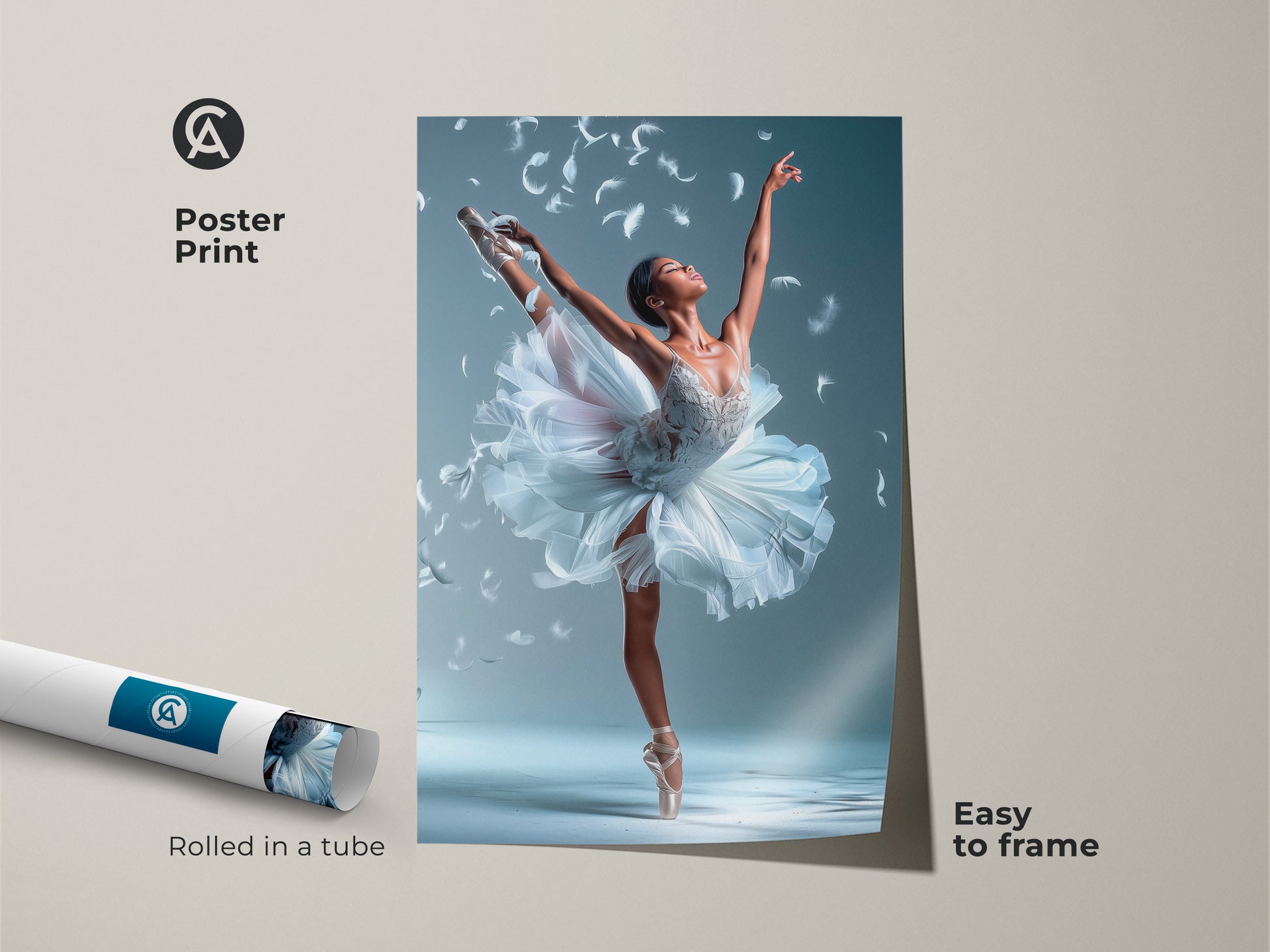 Poster print of a ballerina. This art features a ballerina in a white tutu. She is surrounded by floating feathers. Easy to frame this museum-quality paper poster. Add a touch of dance to your decor.