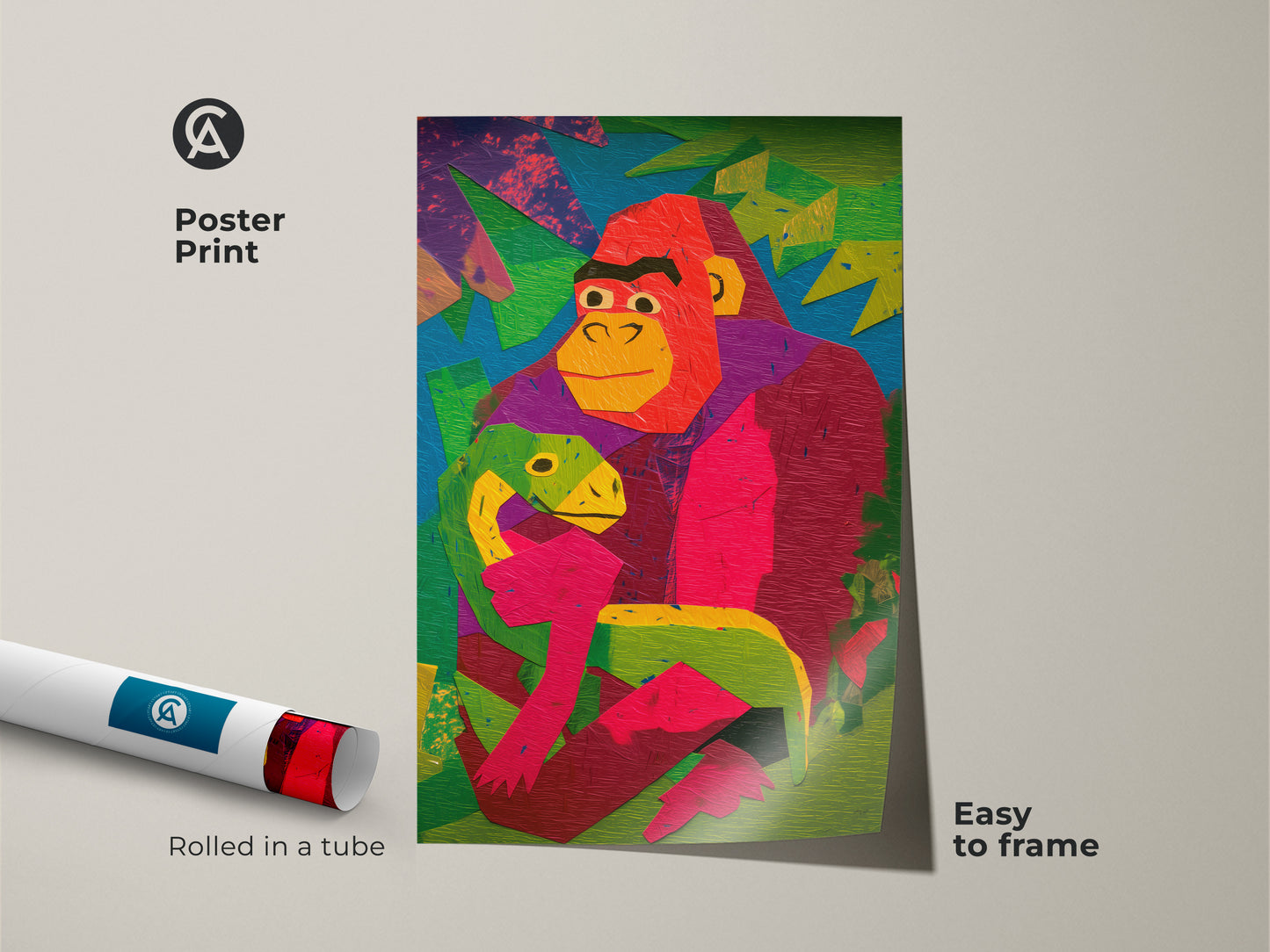 Poster print of a gorilla holding a baby dinosaur. The colorful geometric artwork is easy to frame. This museum-quality paper print is rolled in a tube. It is perfect for kids' room wall decor and adds a funky abstract animal touch.