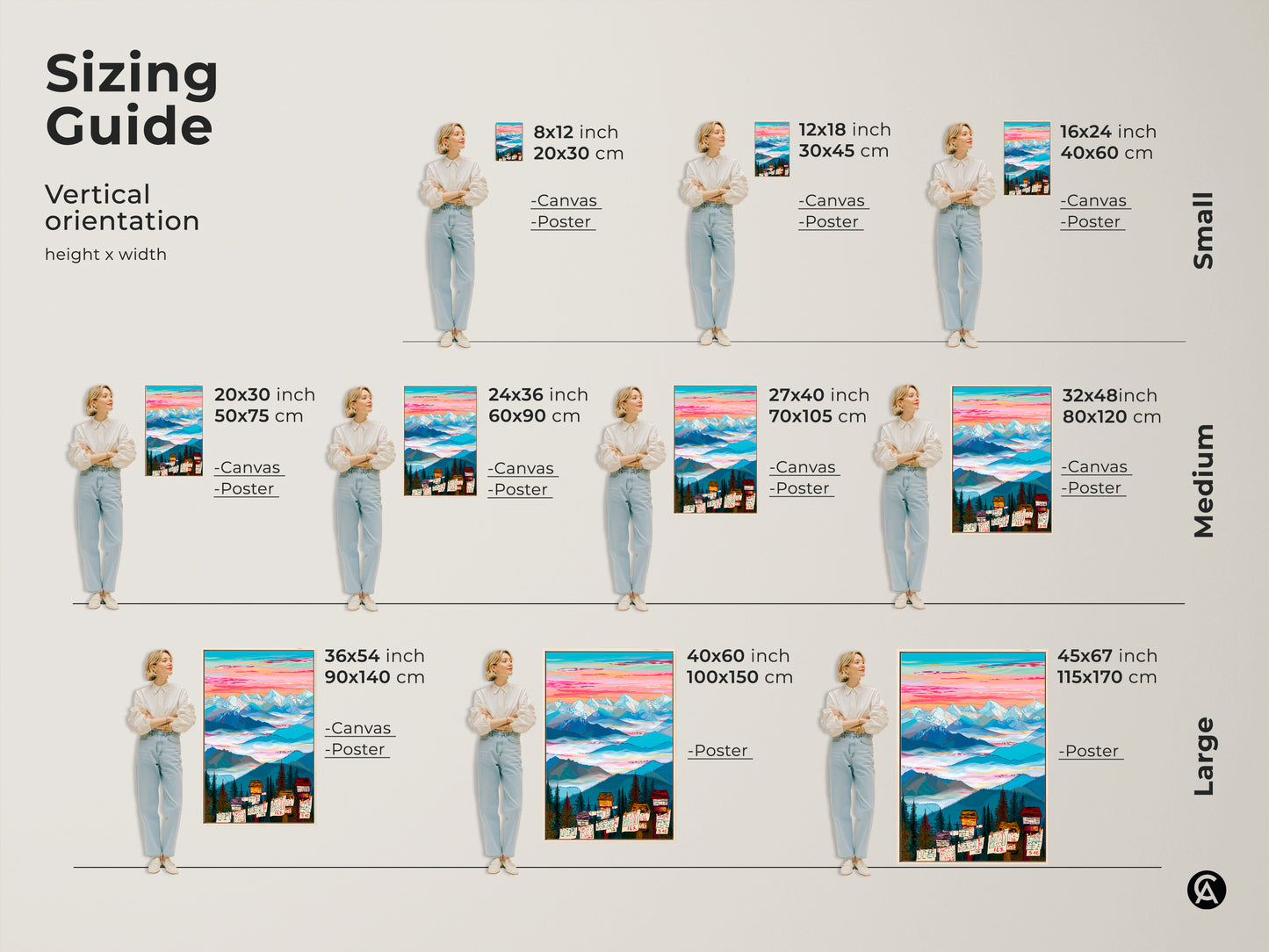 Sizing guide for the vertical mountain cabin art. Visualize the art in different sizes. Options include canvas and poster prints to fit various spaces. Perfect for eclectic home accent needs.