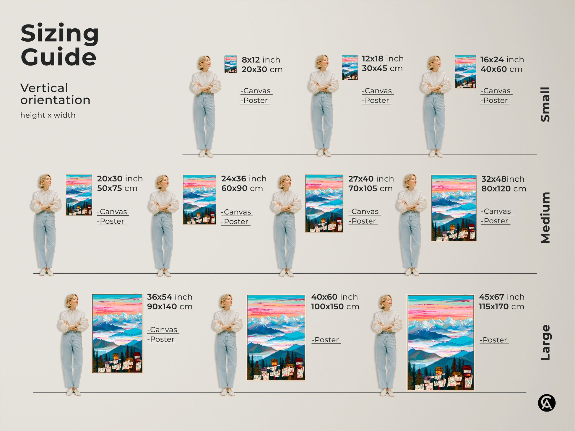 Sizing guide for the vertical mountain cabin art. Visualize the art in different sizes. Options include canvas and poster prints to fit various spaces. Perfect for eclectic home accent needs.