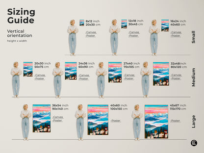 Sizing guide for the vertical mountain cabin art. Visualize the art in different sizes. Options include canvas and poster prints to fit various spaces. Perfect for eclectic home accent needs.