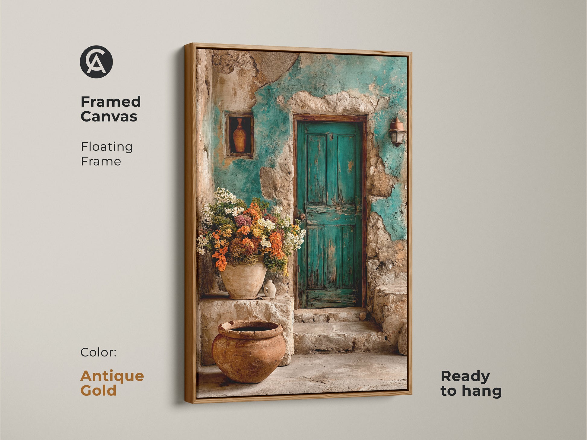 Framed canvas in antique gold highlights rustic architecture print. A teal door and floral display create a Mediterranean home decor. This travel lovers gift print is ready to hang. The botanical scene canvas brings old world charm to your decor.