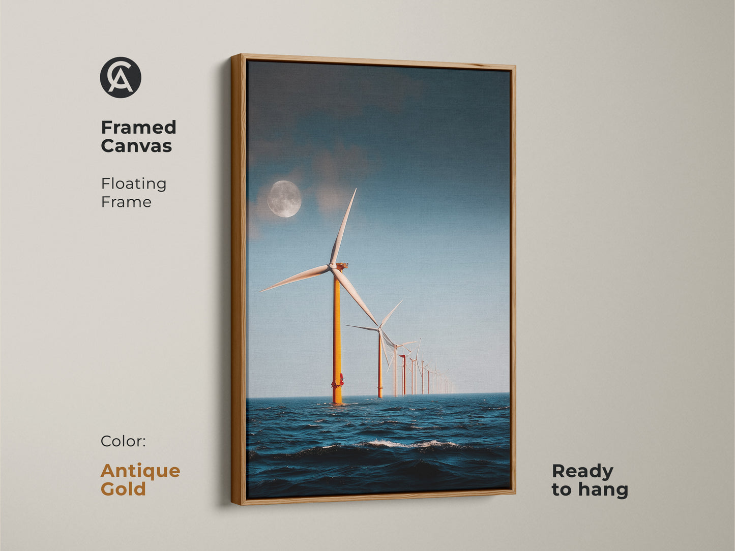 Antique Gold Framed Canvas of Moonlit Ocean Wind Turbine Artwork. Displaying offshore wind turbines under a moonlit sky this modern minimalist seascape art is ready to hang. A unique eco home gift enhancing contemporary spaces with its industrial landscape.