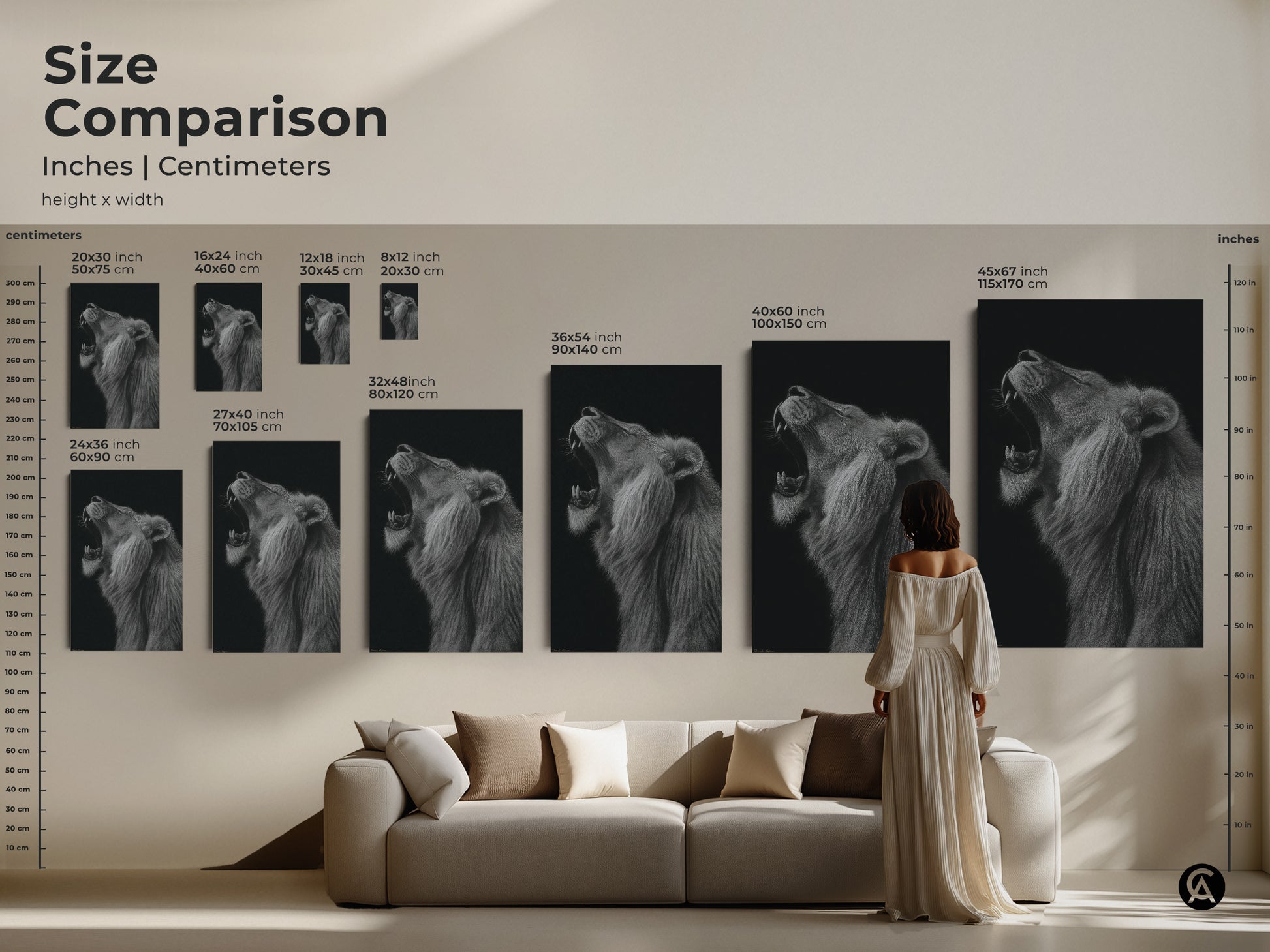 Size comparison of inches and centimeters for the roaring lion canvas. Choose the ideal size for your monochrome art. Available in canvas or poster to suit your decor needs. Ranging from small to large discover the perfect fit for your space. Enhance wildlife aesthetic.