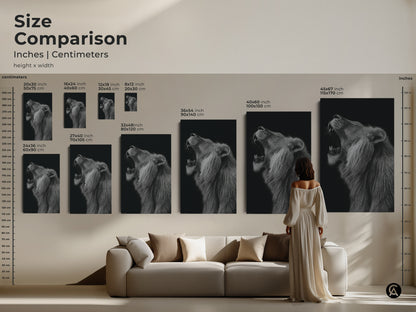 Size comparison of inches and centimeters for the roaring lion canvas. Choose the ideal size for your monochrome art. Available in canvas or poster to suit your decor needs. Ranging from small to large discover the perfect fit for your space. Enhance wildlife aesthetic.
