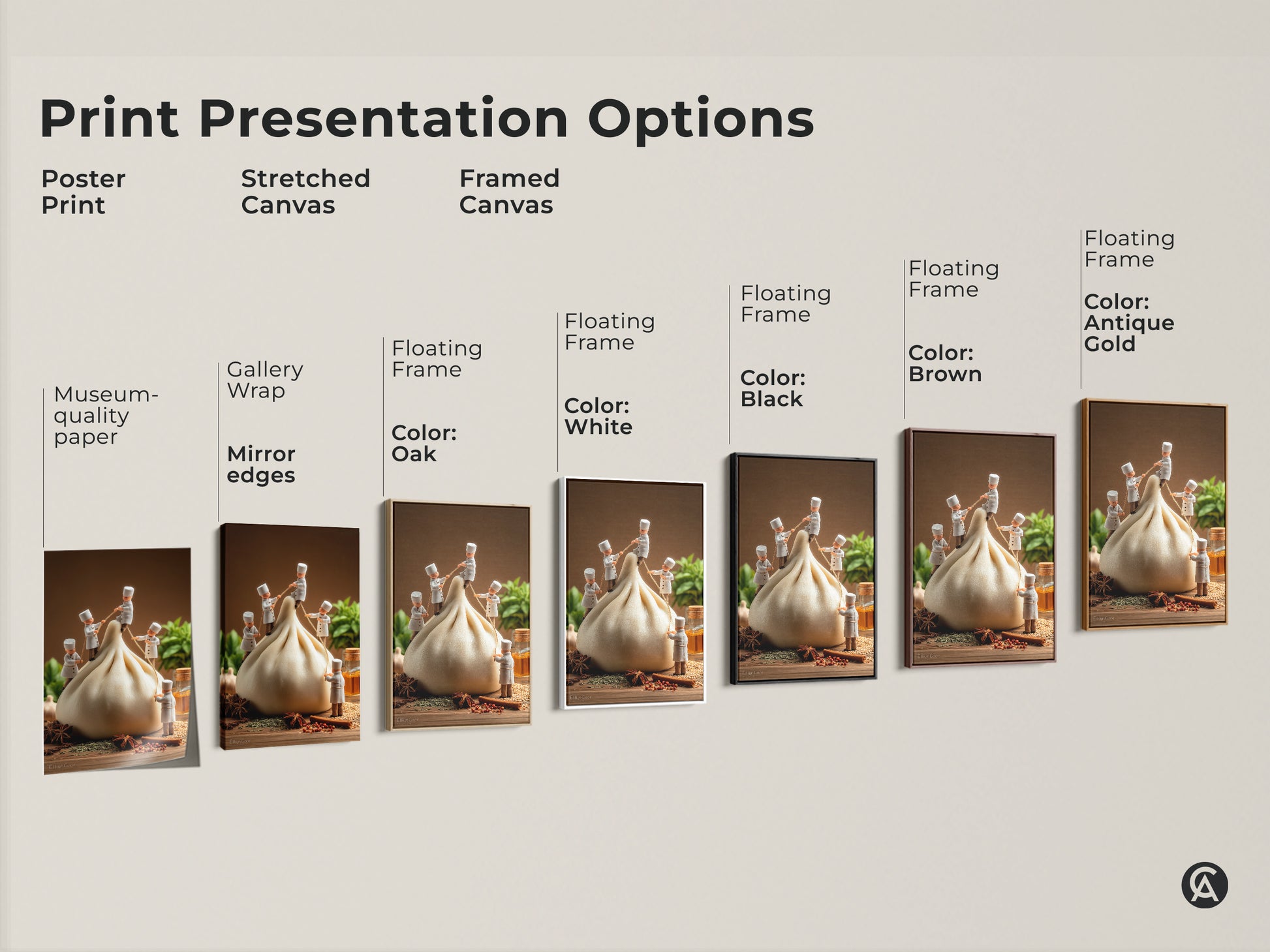 Explore various print presentation options for this chefs and dumpling artwork. Choose from poster prints stretched canvas and framed canvas. Select the perfect style to match your kitchen decor. Options include gallery wrap mirror edges and floating frames. Enhance your space with this playful food-themed artwork.