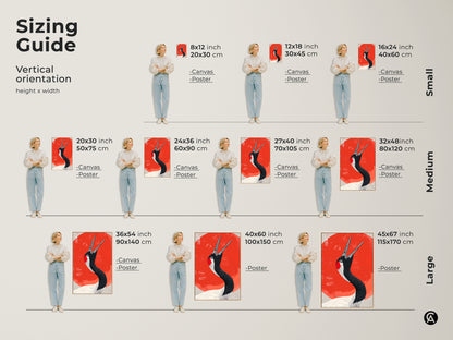 Sizing guide showcasing different sizes of the Red Crowned Crane art print on canvas and poster. Perfect for creating a statement in small medium or large spaces. This wildlife nature canvas print fits any room size as a sun crane wall hanging.