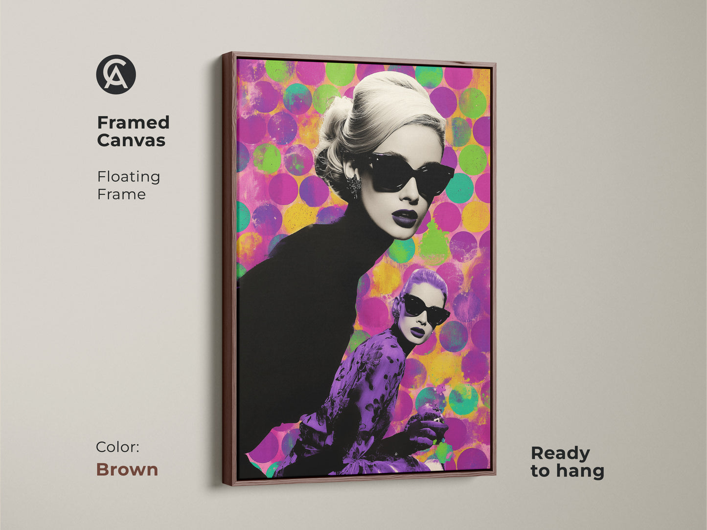 Framed canvas artwork with a brown floating frame. The retro style canvas features a stylish woman in sunglasses. Its magenta purple art print will enhance any space. This pop art home decor is ready to hang.