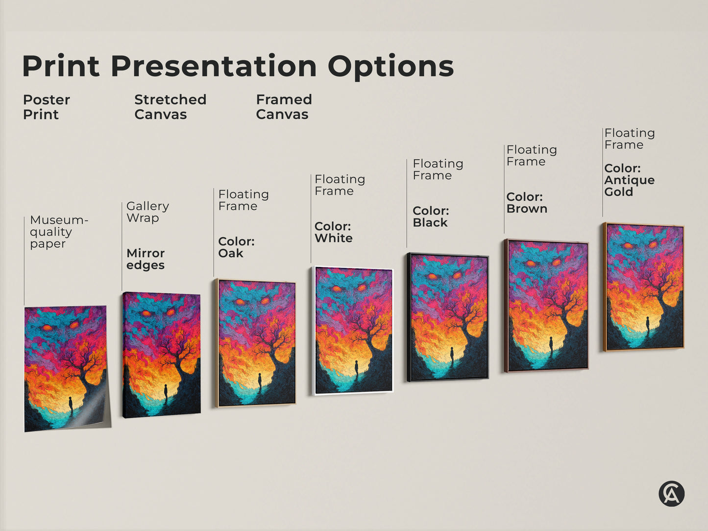 Explore print presentation options for this surreal artwork. Choose from poster prints stretched canvas and framed canvas. Each option highlights the vibrant colors and unique scene. Find the perfect style to match your decor. Transform your space today.