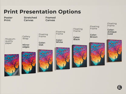 Explore print presentation options for this surreal artwork. Choose from poster prints stretched canvas and framed canvas. Each option highlights the vibrant colors and unique scene. Find the perfect style to match your decor. Transform your space today.