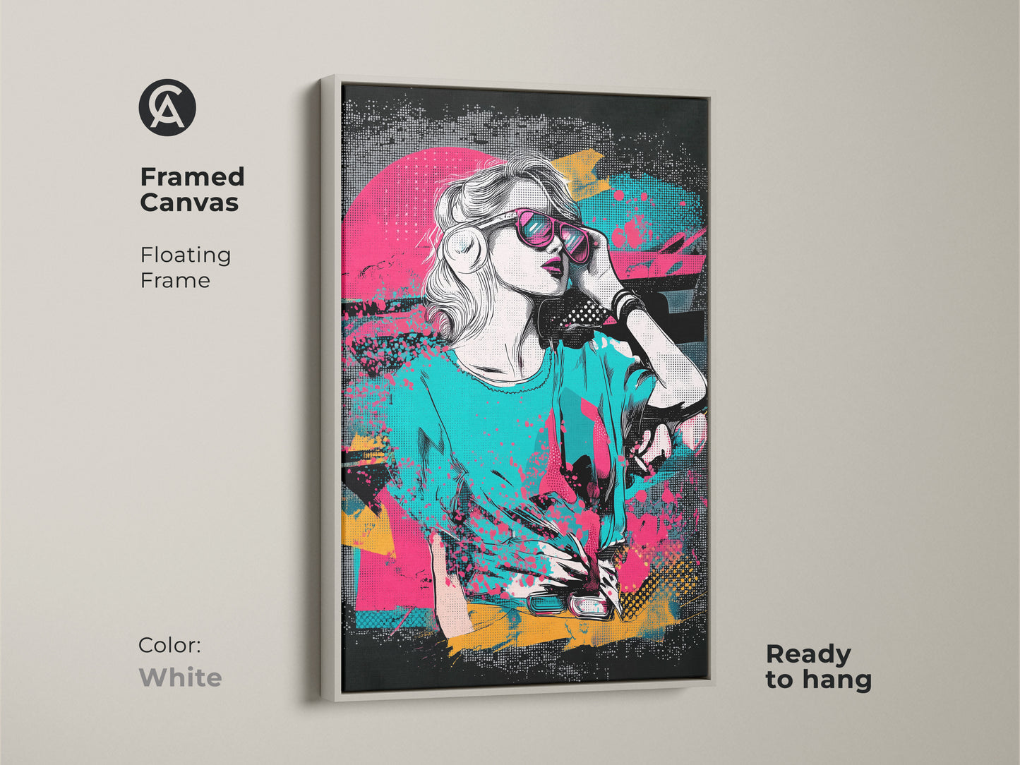 Framed Canvas Pop Art Print with a white floating frame. Showcases a woman in sunglasses with retro synthwave artwork. Pink teal and yellow colors add a vibrant 80s touch. Eclectic wall art ready to hang. Perfect for adding color and personality to a bedroom or music space.