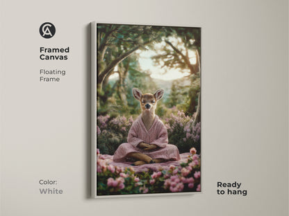 This zen deer art is on a framed canvas. It features a floating frame in white. The forest yoga canvas print is ready to hang. This boho bedroom wall decor is a mindfulness gift for yogis. The artwork is woodland creature art.