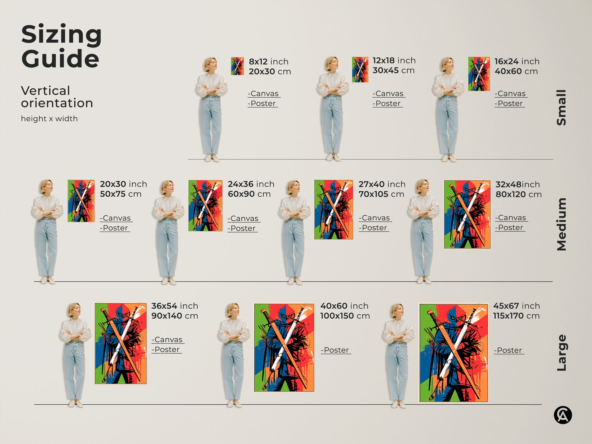 A sizing guide shows the Ninja Owl canvas art in various sizes. Pictured alongside a model so you can find the perfect fit for your space. It is ideal wall decor for any home.