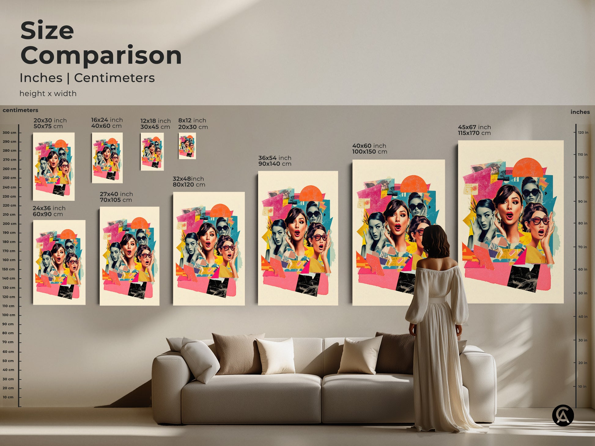 Size comparison of retro collage art prints. Various sizes are displayed in inches and centimeters. This eclectic women faces artwork fits perfectly above a couch as a statement art print.