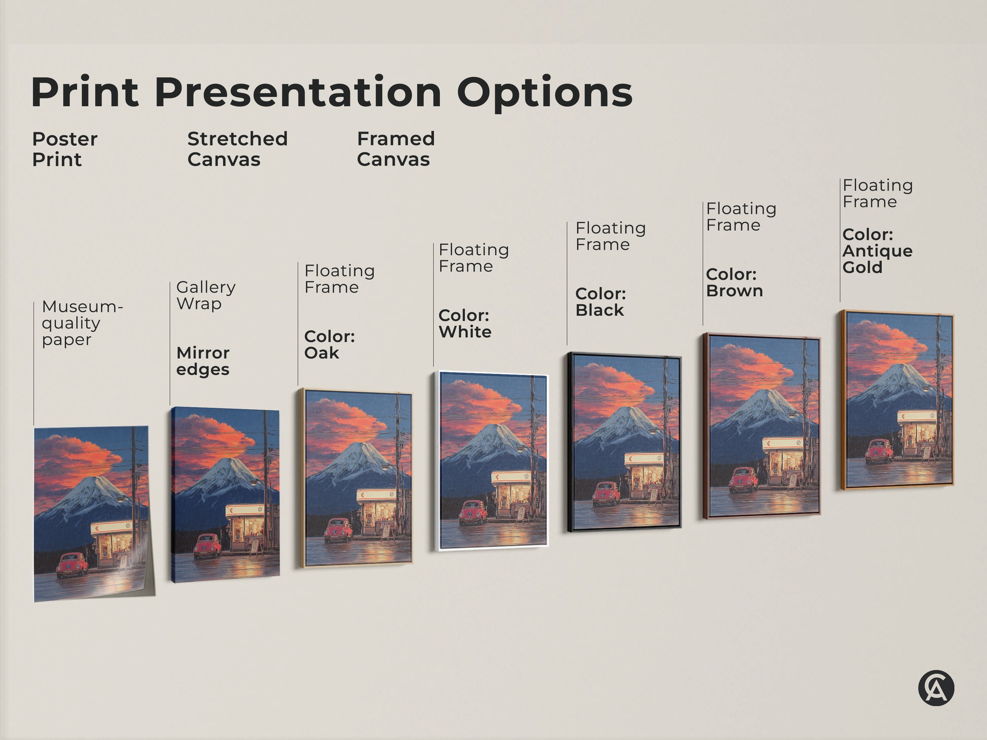 Print presentation options for Mount Fuji art. Choose from poster print stretched canvas or framed canvas. Options include museum-quality paper gallery wrap floating frame in oak white black brown and antique gold. Find the perfect style.