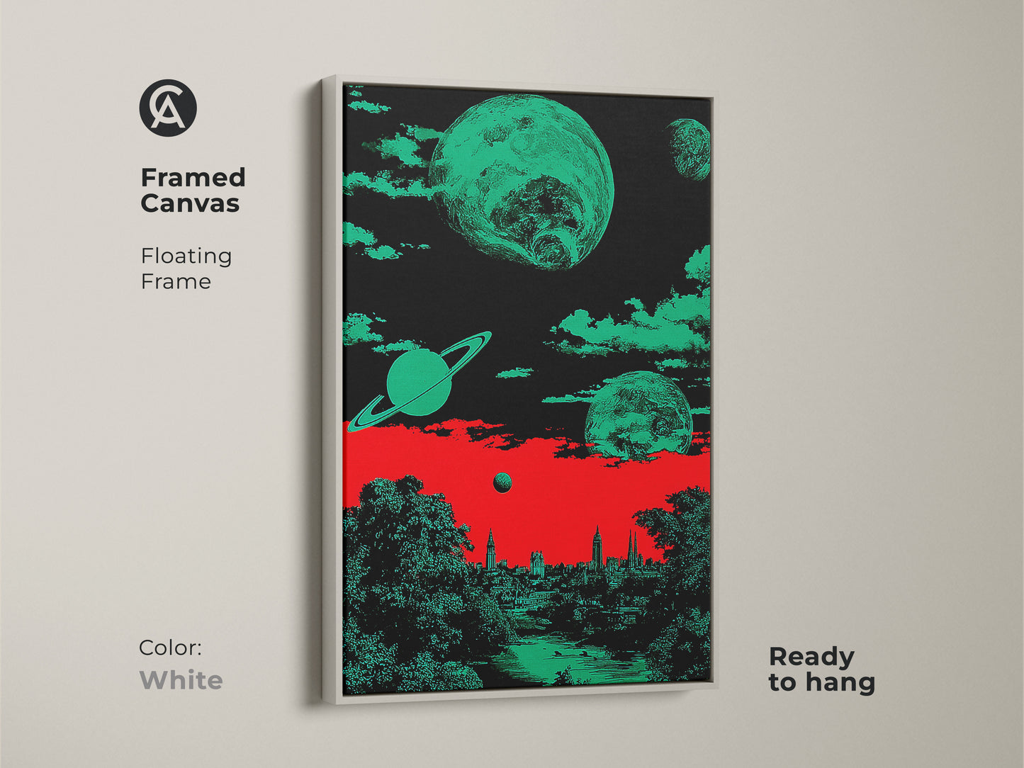 White framed canvas art print displaying a retro futurism surreal space cityscape. It features planets and Saturn above a cityscape and nature scene. The color palette includes red green and black shades. This abstract cityscape print is ready to hang.