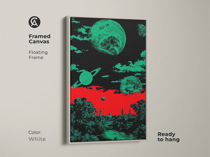 White framed canvas art print displaying a retro futurism surreal space cityscape. It features planets and Saturn above a cityscape and nature scene. The color palette includes red green and black shades. This abstract cityscape print is ready to hang.