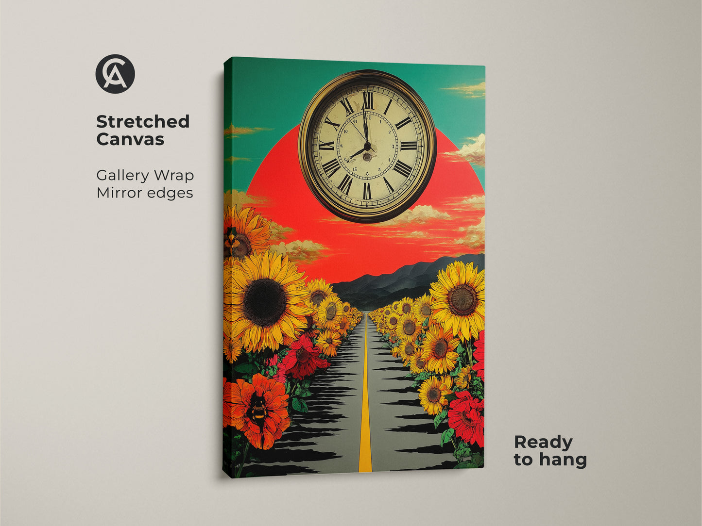 Gallery wrapped stretched canvas art print. This surreal nature wall decor features a sunflower path and retro clock. Mirror edges create a museum-quality look. The yellow red and green artwork is ready to hang for easy display.