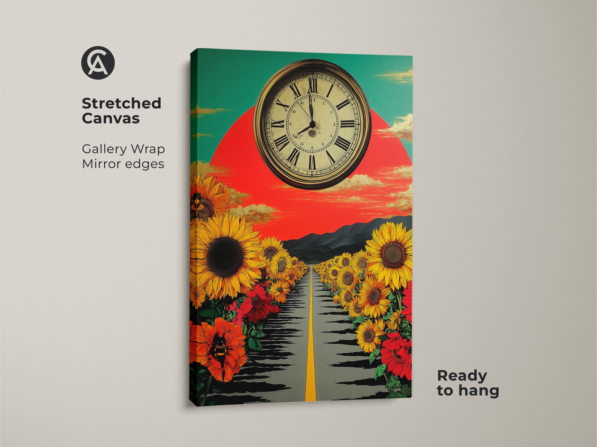 Gallery wrapped stretched canvas art print. This surreal nature wall decor features a sunflower path and retro clock. Mirror edges create a museum-quality look. The yellow red and green artwork is ready to hang for easy display.